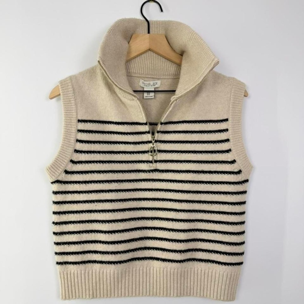 Rachel Zoe Cream and Black Striped Knit Sleeveless Sweater Vest